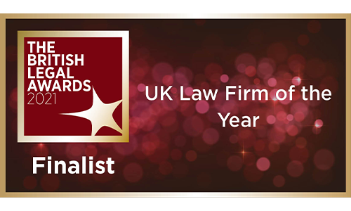 <p style="text-align: center;"><strong>British Legal Awards</strong></p>
<p style="text-align: center;"><span>Law Firm of the Year</span></p>
<p style="text-align: center;">Shortlisted</p>
<p style="text-align: center;">2021</p>
